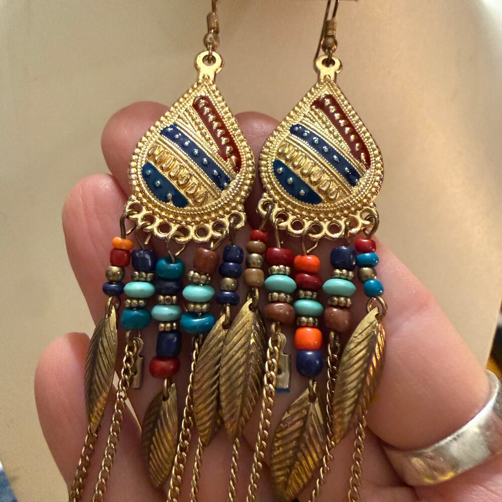 Boho Bohemian Style Beaded Gold Tone Dangly Earrings - Picture 6 of 7